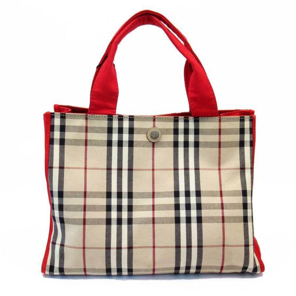 Burberry Nova Canvas Beige Check Tan Tote Red Bag - Picture 2 of 3